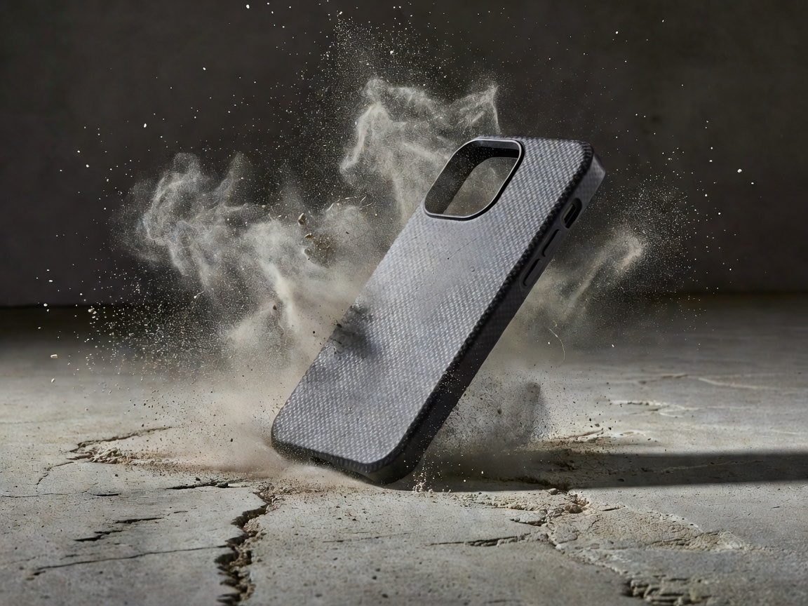 Collectionmaximums premium phone case undergoing severe drop testing and shock dispersal verification on concrete surface