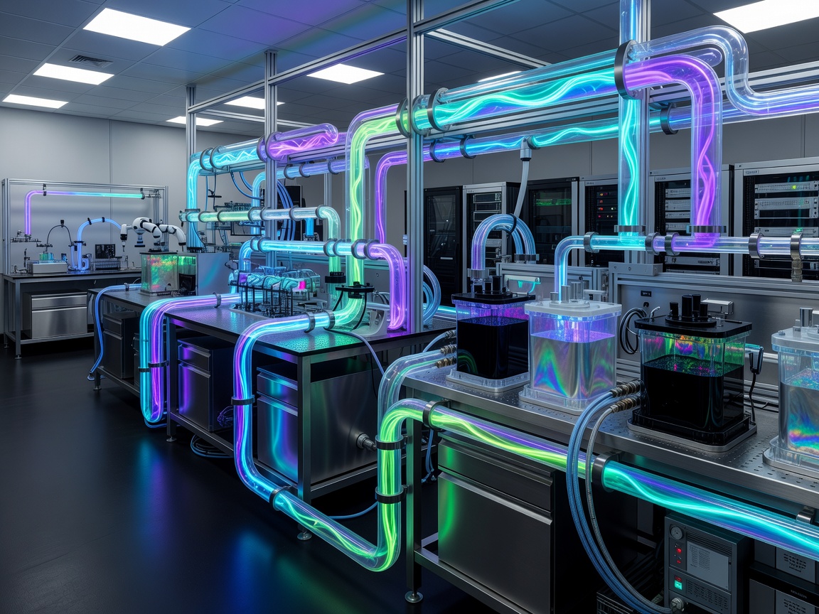 Collectionmaximums visual presentation of glowing neon polymers and liquid ink engineering in high tech laboratory environment