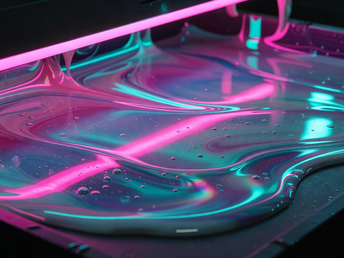 Vibrant neon pink and cyan light reflections representing Collectionmaximums premium UV ink curing chemistry